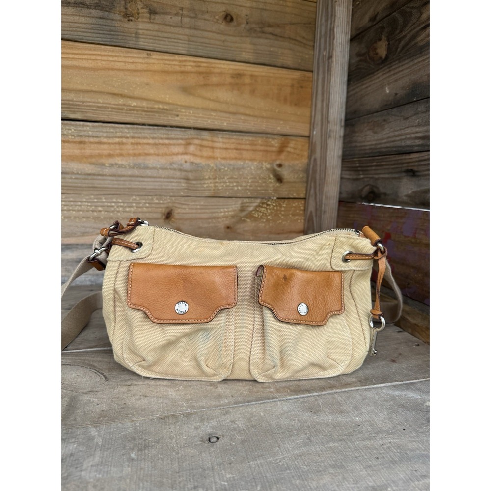 Fossil Tan Canvas Front Flap Gusseted‎ Pockets Small Crossbody Bag Purse 9411